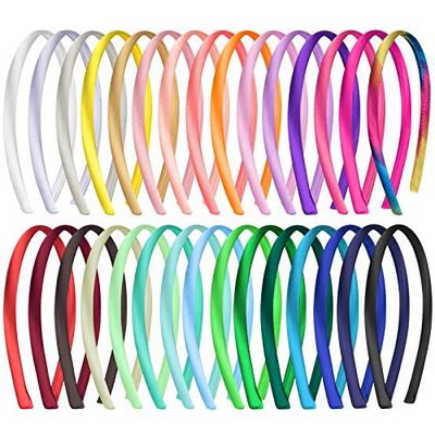 Duufin 30 Pieces Satin Headbands for Girls DIY Craft Headband 1cm Plain Girls Headband Colorful Satin Coverd Headbands, 30 Colors