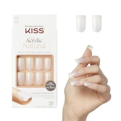 KISS Salon Acrylic Natural Nails, Euphoria, Medium Length, Ultra-Smooth Finish, DIY At-Home Manicure Kit with Pink Gel Nail Glue, Mini File, Manicure Stick, and 28 Nails in 14 sizes