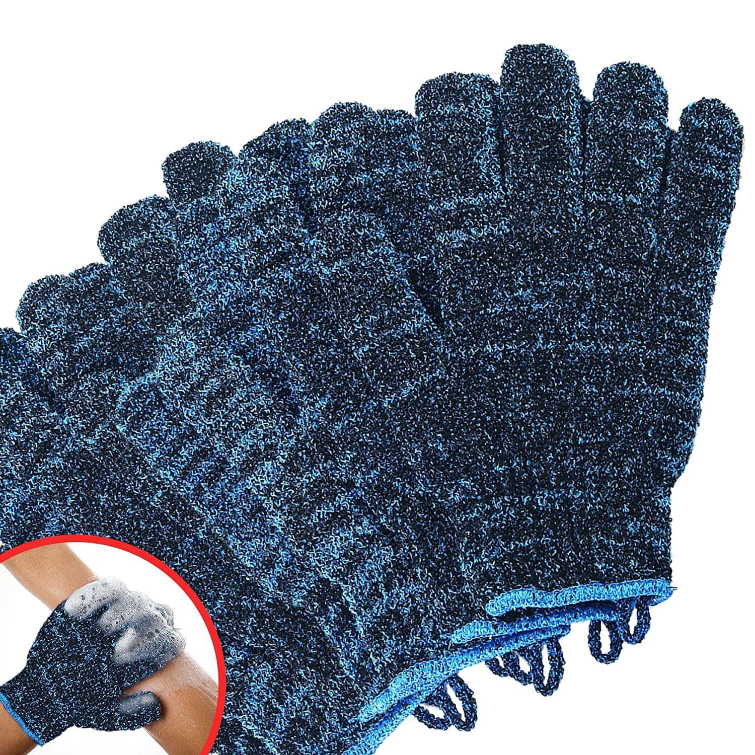 Exfoliating Gloves for Men and Women | Large Textured Body Scrub Exfoliation Gloves for Bath and Shower | Spa-Quality Exfoliating Mitts to Remove Dead Skin and Bumps - 4 Pair Pack - Heather Blue