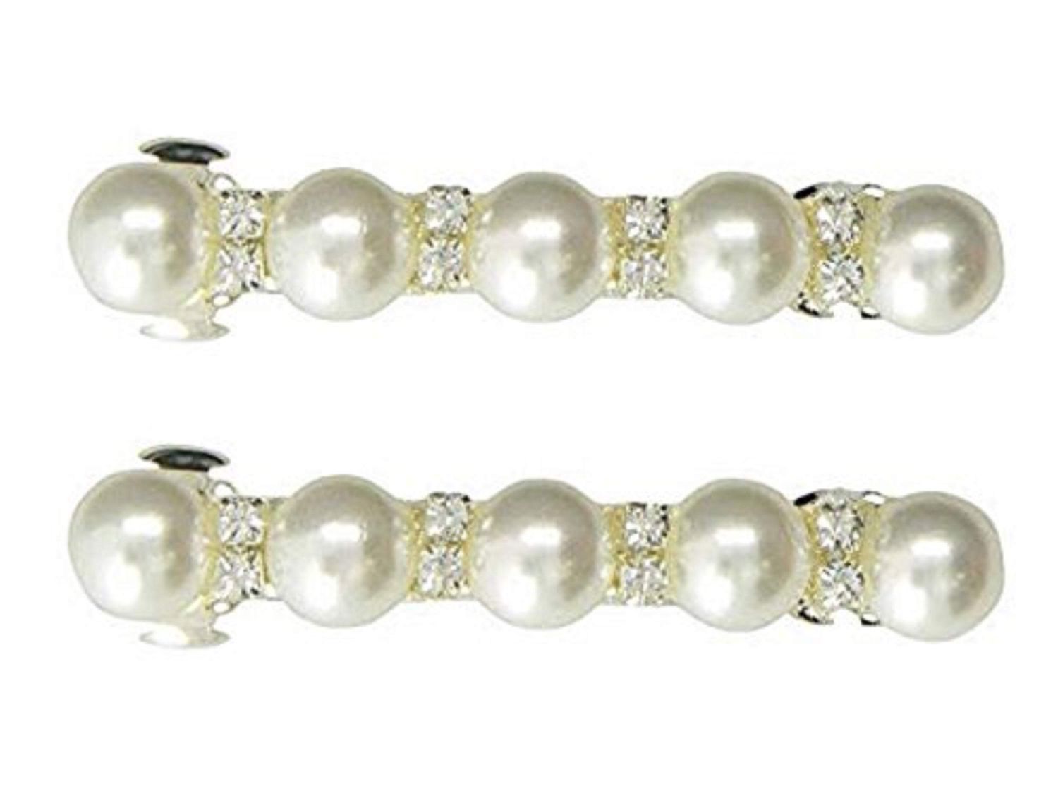 Caravan Traditional Auto Barrettes Decorated With Four (4) Pearls And Crystal Rhinestones Pair