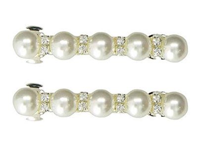 Caravan Traditional Auto Barrettes Decorated With Four (4) Pearls And Crystal Rhinestones Pair