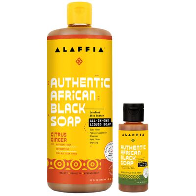 Alaffia Authentic African Black Soap Variety 2-Pack - All-In-One Liquid Soap, Travel-Size Eucalyptus Tea Tree + Full-Size Citrus Ginger Body Wash, Face Wash, Shampoo, Shaving Soap