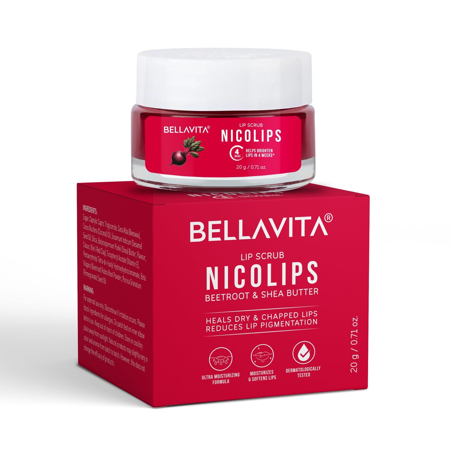 Bella Vita Organic NicoLips Lip Scrub Balm For Lightening &amp; Brightening Dark Lips For Men &amp; Women, 20g