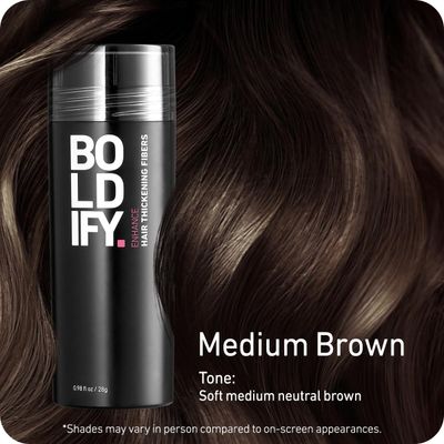 BOLDIFY Hair Fibers (28g) - Fill In Thinning and Fine Hair for an Instantly Fuller, Thicker Look - 14 Shades for Women &amp; Men - Medium Brown