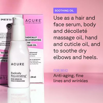 ACURE Radically Rejuvenating Rose Argan Oil - Face, Hair &amp; Body Oil Serum Rich in Vitamin E - Lightweight, Non-Greasy, Vegan - 1 Fl Oz