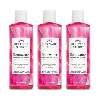Heritage Store Rosewater, Refreshing Facial Splash for Glowing Skin, with Damask Rose, All Skin Types, Rose Water for Face Made Without Dyes or Alcohol, Vegan &amp; Cruelty Free (8oz, 3pk)