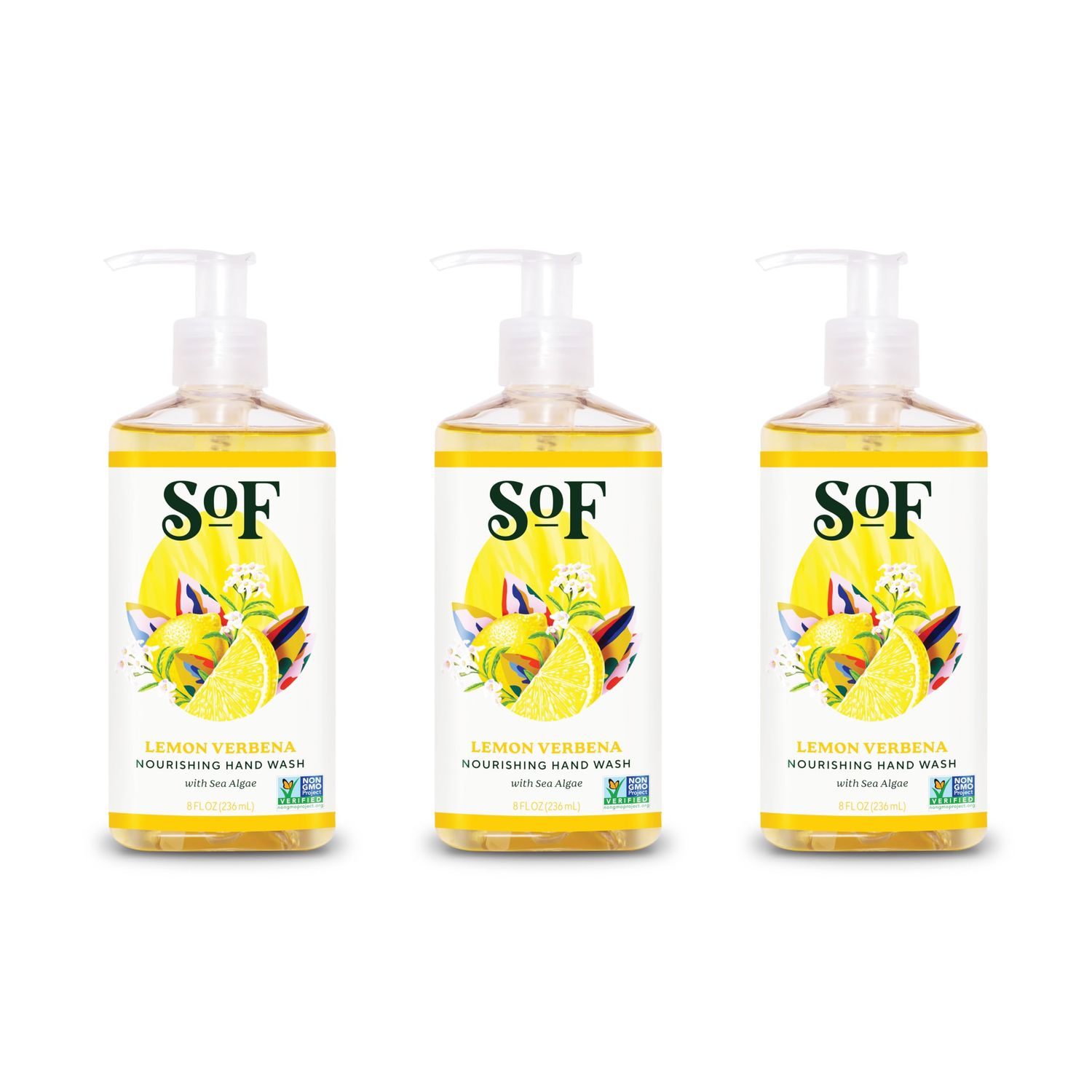 SoF Nourishing Hand Wash - With Moisturizing Sea Algae, Coconut &amp; Olive Oil- Vegan &amp; Non GMO- Free From Phthalates, Sulfates &amp; Parabens- Lemon Verbena - 8 oz Bottle 3 Pack