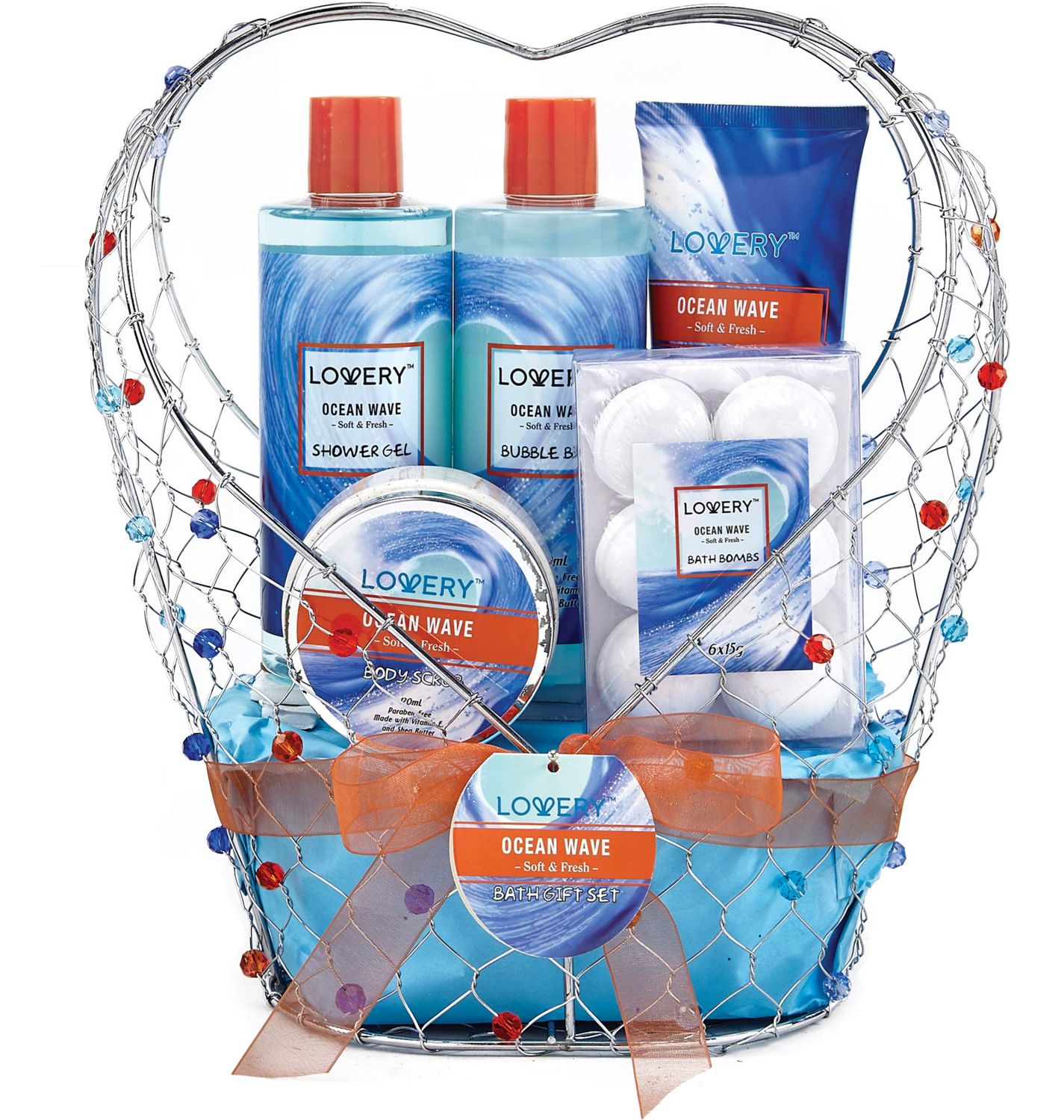 Valentines Day Gifts for Her, Home Spa Gift Baskets For Women - Bath and Body Gift Basket For Men - Ocean Wave Home Spa Set - Fragrant Lotions, Bath Bombs &amp; More - 11pc in a Jeweled Heart Candy Holder