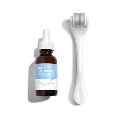 Cosmedica Instant Glow Kit: Microneedle Roller Cosmetic Needling Instrument For Face and Cosmedica&#39;s Pure Hyaluronic Acid Serum 1 oz.