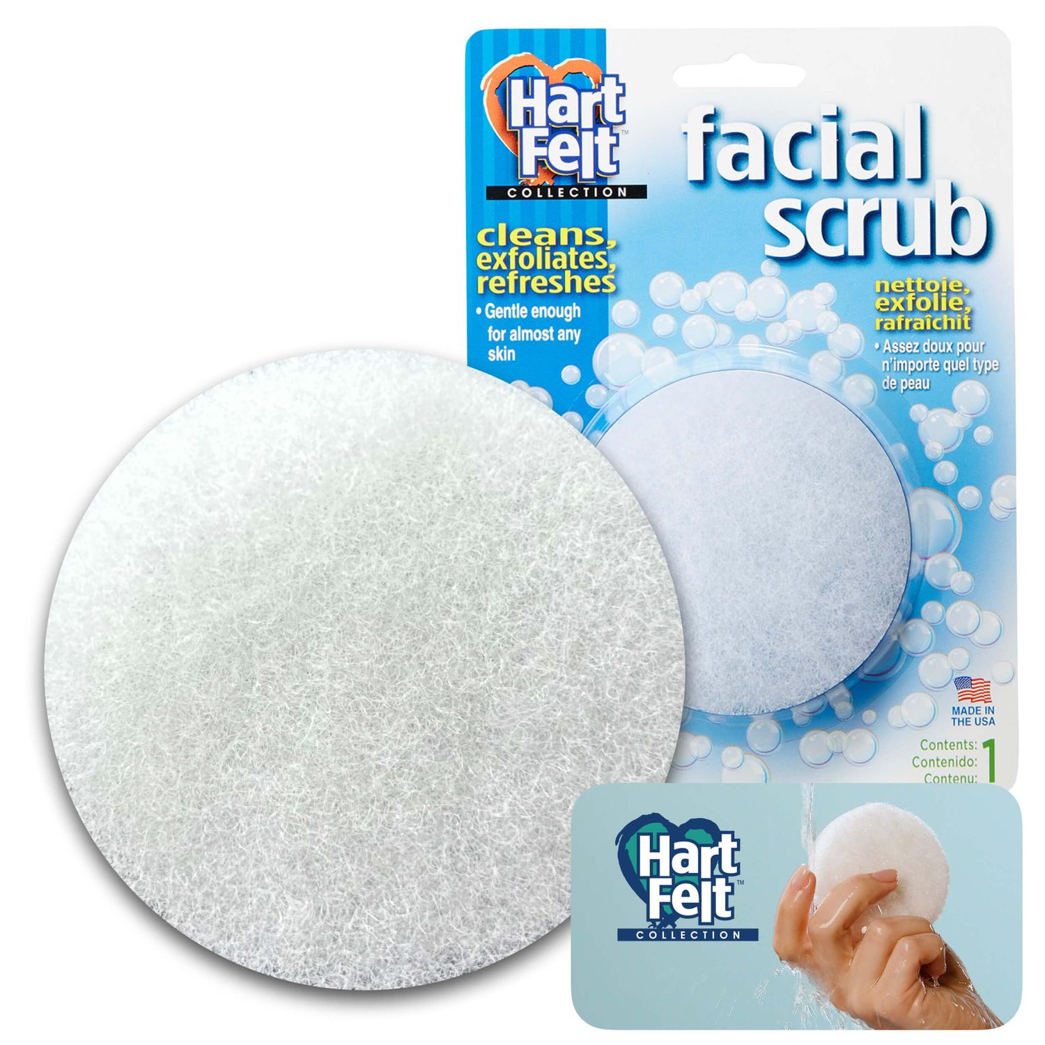 HartFelt Round Face Scrubber for Women | Reusable Facial Sponges for Daily Cleansing | Facial Exfoliating Pads for Removing Dead Skin, Dirt &amp; Makeup | Use with Favorite Cream | Made in USA - 1 Count