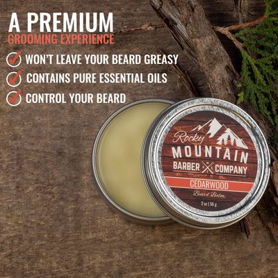 Beard Balm - Rocky Mountain Barber - 100% Natural - Premium Wax Blend with Cedarwood Scent, Nutrient Rich Bees Wax, Jojoba, Tea Tree, Coconut Oil