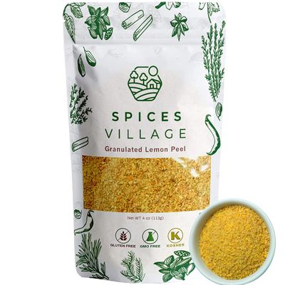 SPICES VILLAGE Dried Lemon Peel Granules, Lemon Zest Seasoning for Baking, (4 Oz), Citrus Fruit Seasoning for Cooking &amp; Herb Tea - Kosher, Gluten Free, Non GMO, Resealable Bulk Bag