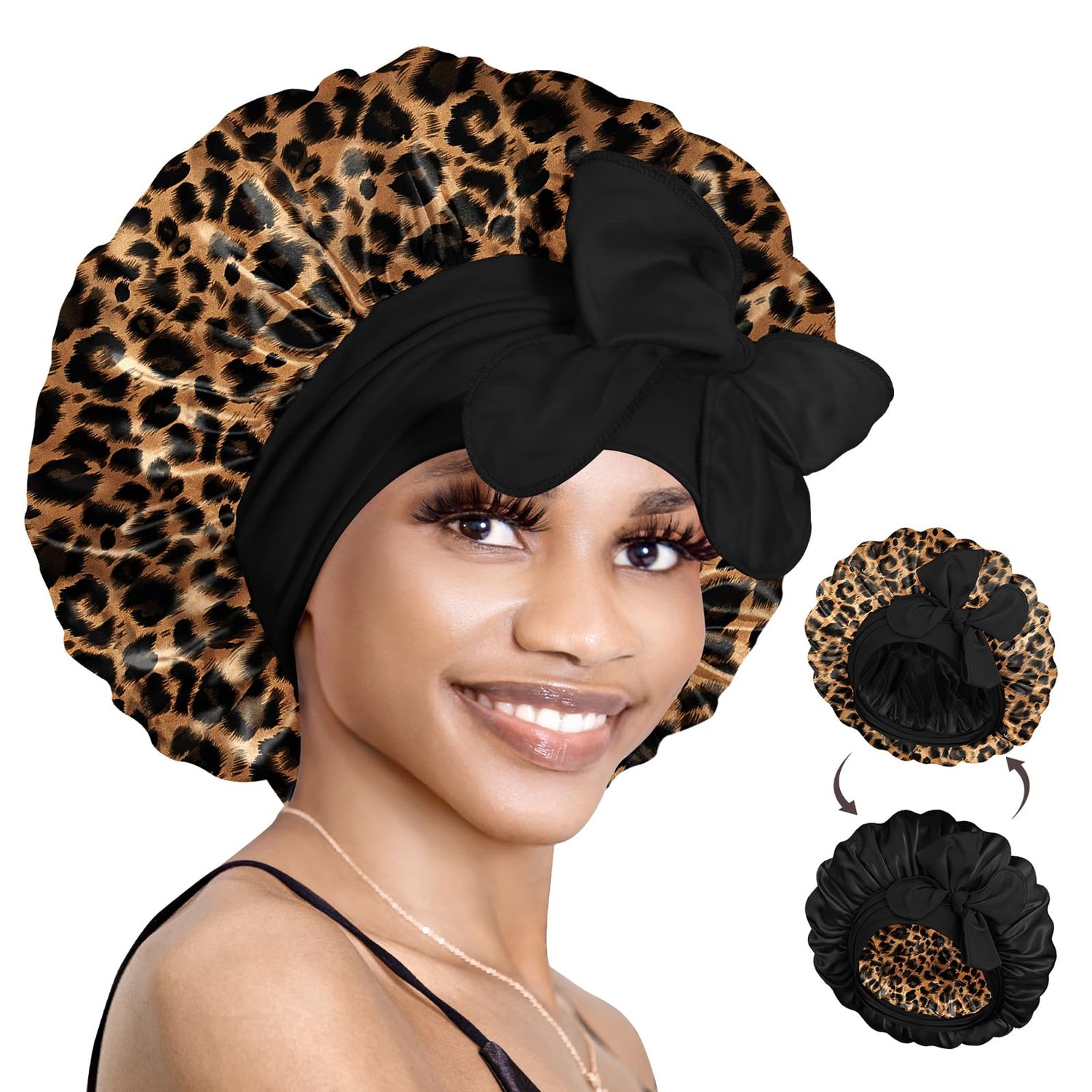 BONNET QUEEN Silk Bonnet for Sleeping Women Hair Bonnet Reversible Double Layer Satin Bonnet Tie Bonnet Sleep Satin Hair Wrap Night Cap for Curly Hair Leopard
