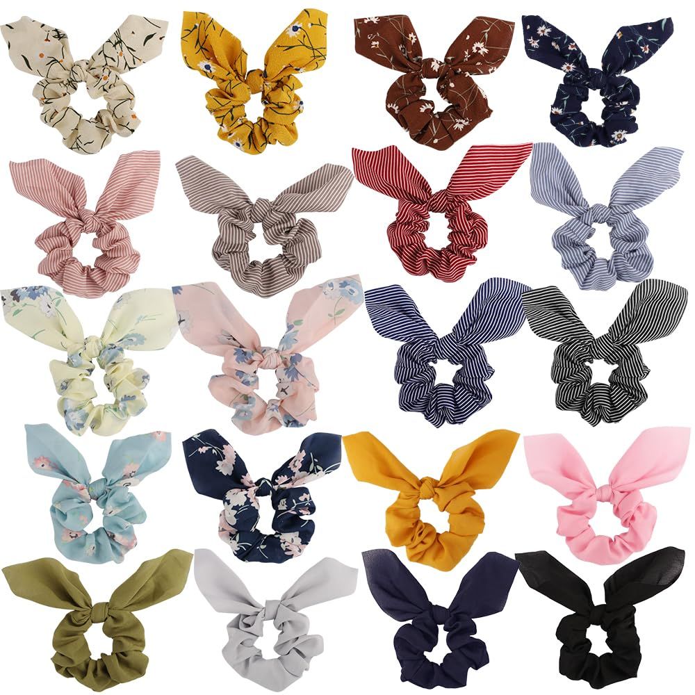 AOPRIE Chiffon Hair Bunny Ear Scrunchies with Bow - 20Pcs Elegant Hair Elastics, Ponytail Holders &amp; Soft Hair Bands