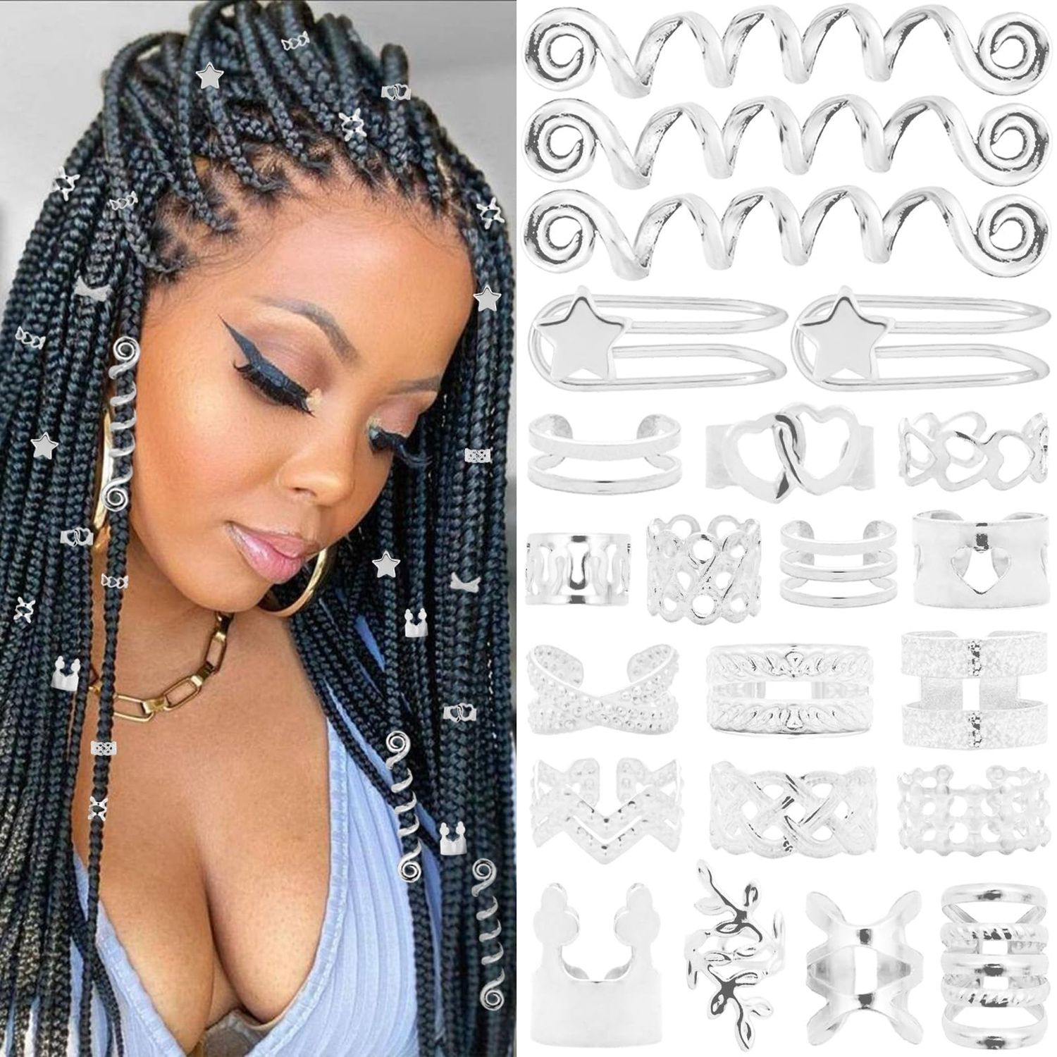 Vaikby 103PCS Silver Hair Jewelry for Braids Accessories, Hair Cuffs &amp; Rings, Loc Jewelry for Black Women, Metal Silver Hair Accessories, Braid Decorations, Hair Charms for Dreadlocks and Braiding