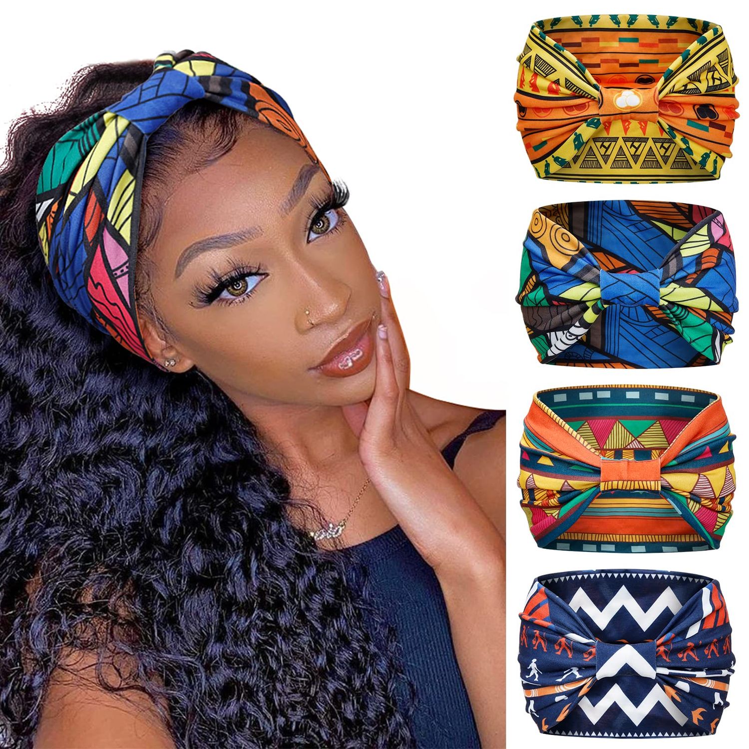 Huachi Wide Headbands for Women Boho Workout Head Bands for Womens Hair African Knotted Non Slip Headwrap Turban Sport Yoga Girls Bandeau Hair Accessories (Pack of 4)