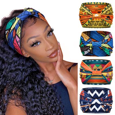 Huachi Wide Headbands for Women Boho Workout Head Bands for Womens Hair African Knotted Non Slip Headwrap Turban Sport Yoga Girls Bandeau Hair Accessories (Pack of 4)
