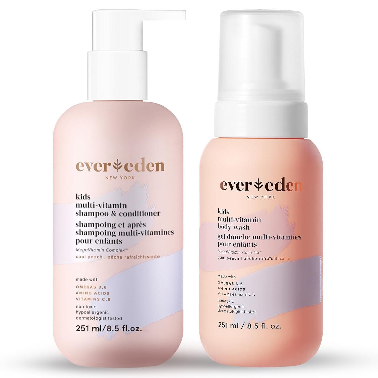 Evereden Kids Shampoo and Conditioner 2 in 1 and Kids Body Wash set | Gentle and Clean Skin Care | Non-toxic Ingredients | Cool Peach scent