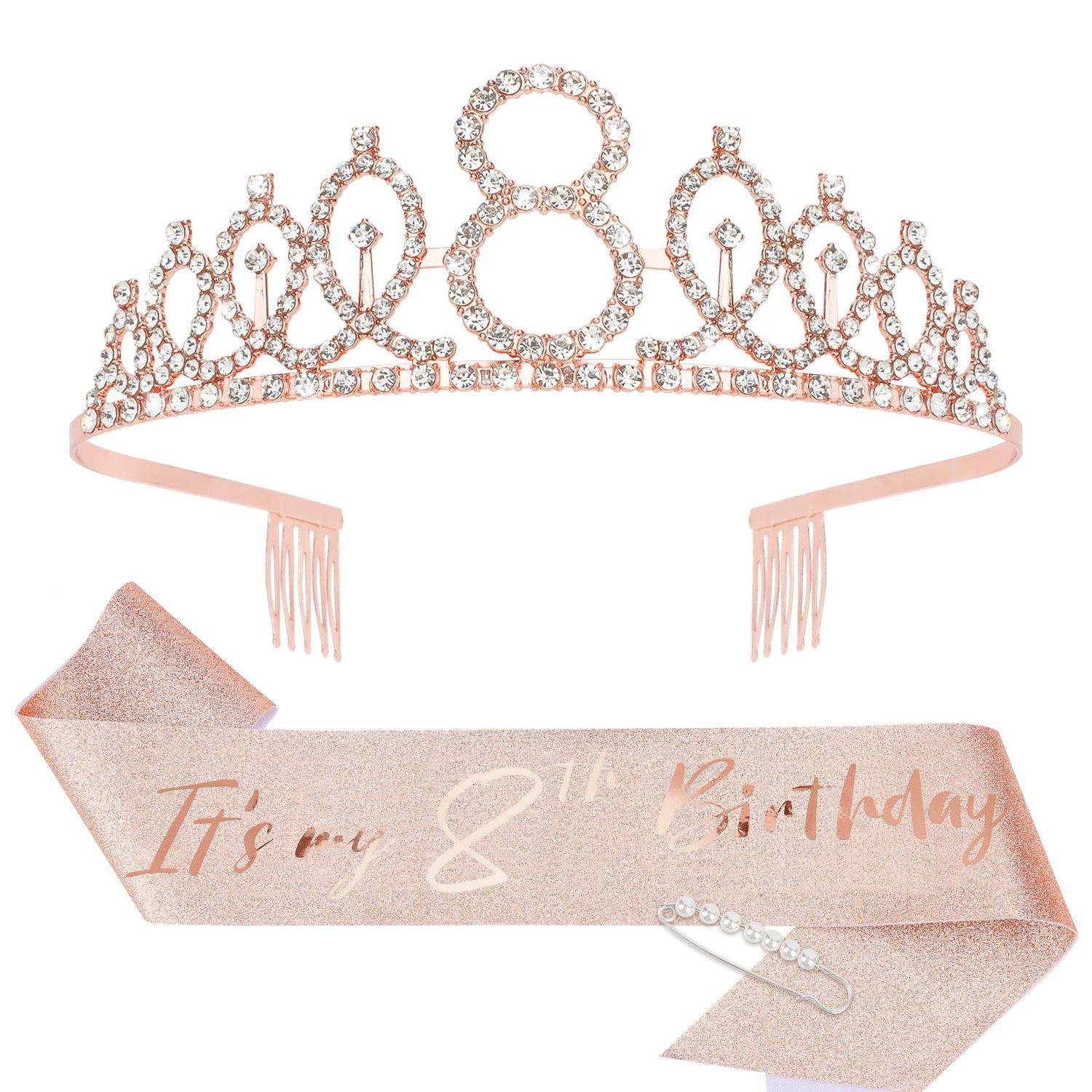 CIEHER 8th Birthday Crown + 8th Birthday Sash + Pearl Pin Set, 8th Birthday Gifts for Girls It&#39;s My 8th Birthday Decorations Women Happy 8th Birthday Party Supplies