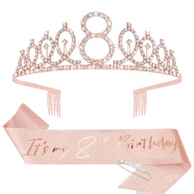 CIEHER 8th Birthday Crown + 8th Birthday Sash + Pearl Pin Set, 8th Birthday Gifts for Girls It&#39;s My 8th Birthday Decorations Women Happy 8th Birthday Party Supplies