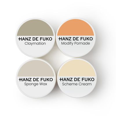 Hanz de Fuko Deluxe Hair Care Kit - Super Styling Sampler Featuring Claymation, Sponge Wax, Modify Pomade, Scheme Cream - 4 pack, 0.25oz each
