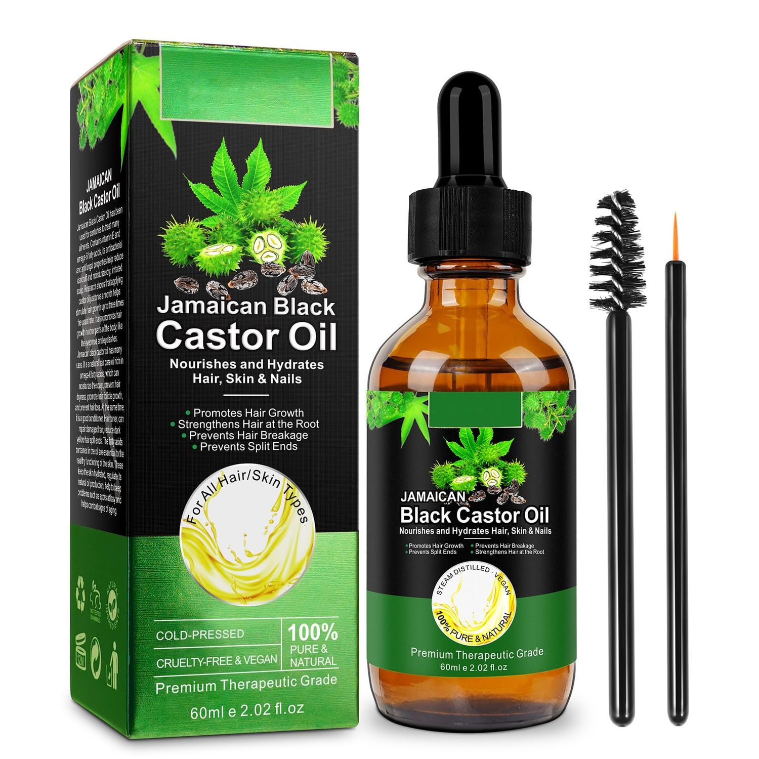 Organic Castor Oil, Black Castor Oil for Hair Growth, 2 Fl Oz Pure &amp; Cold Pressed Hair Oils for Eyelashes and Eyebrows, Moisturizing Scalp, Skin and Nails (1 Pack)