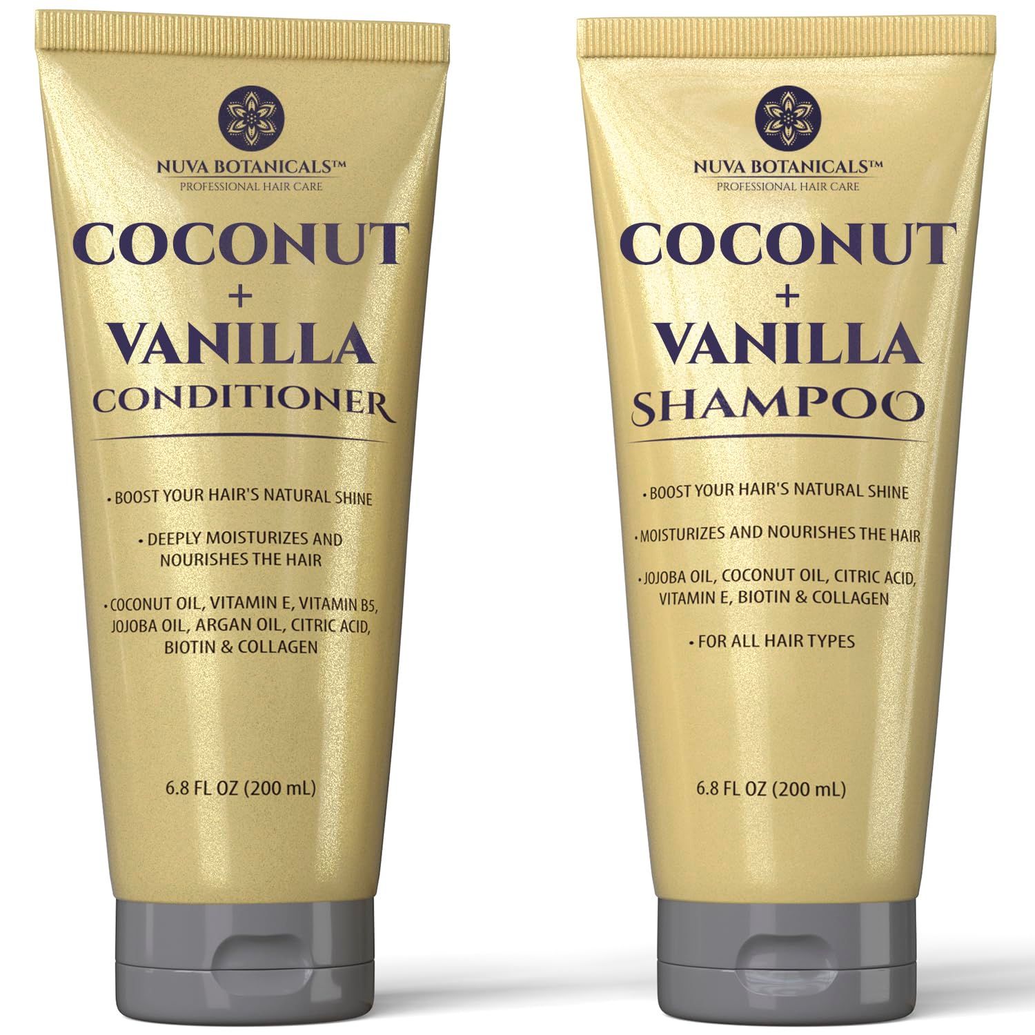 Nuva Botanicals Coconut Shampoo and Conditioner, Vanilla Shampoo and Conditioner with Biotin and Collagen- Moisturizing Shampoo and Conditioner Set with Jojoba Oil, Argan Oil and Vitamin E(6.8oz each)