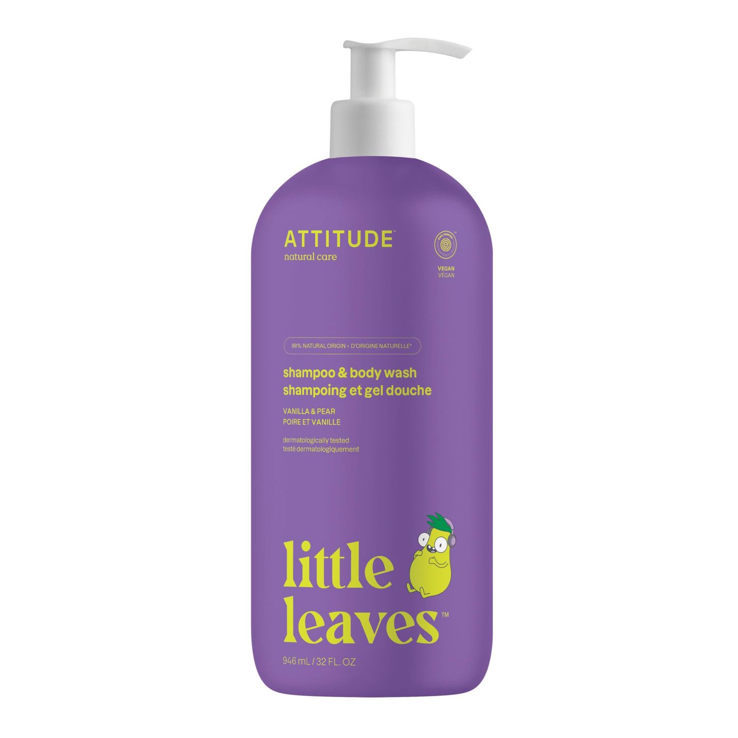 ATTITUDE Shampoo and Body Wash for Kids, EWG Verified Hair and Body Cleanser, Dermatologically Tested Soap, Plant and Mineral Based Bath Products, Vegan, Vanilla and Pear, 32 Fl Oz