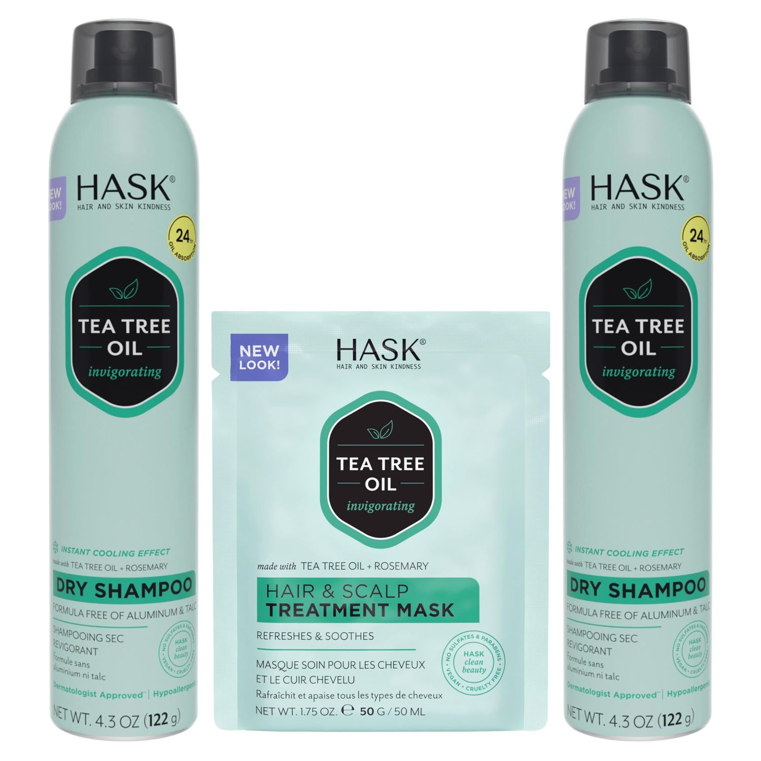 HASK Tea Tree Revitalizing Dry Shampoo Duo (4.3oz-Qty 2) &amp; Tea Tree Revitalizing Deep Conditioner Packette, Aluminum-Free, Sulfate-Free, Paraben-Free, Color Safe, for All Hair Types