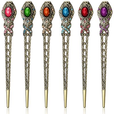 Yilloog 6 Pieces Vintage Rhinestone Hair Sticks Chinese Chopsticks Retro Chignon Pins Stylish Traditional hair Sticks Accessories for Women Styling Decorations, 6 Colors