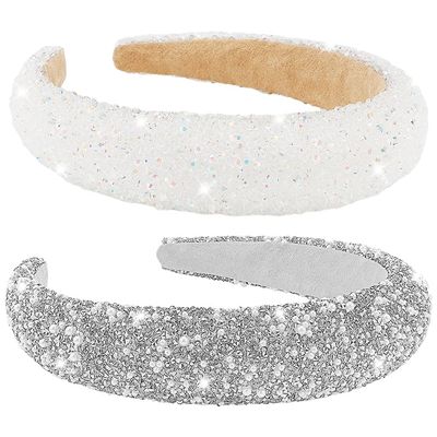 AHONEY 2 Pack Rhinestone Headband for Women Girls, Glitter Sequin Beaded Pearls Padded Headbands for Women Prom Wedding Sparkly Hair Bling Birthday Hair Accessories (Silver&amp;White)