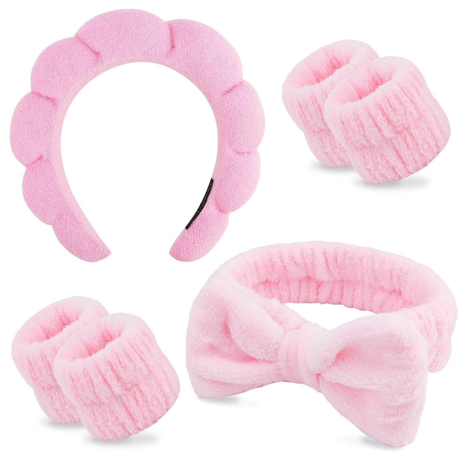 Chanaco Spa Wristband and Pink Puffy Sponge Makeup Headband Set for Face Washing, Skin Care, Teen Girl Gifts