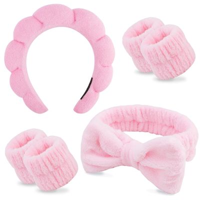 Chanaco Spa Wristband and Pink Puffy Sponge Makeup Headband Set for Face Washing, Skin Care, Teen Girl Gifts