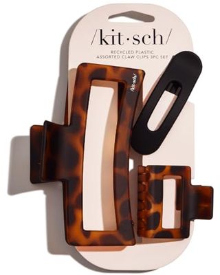 Kitsch Assorted Hair Clips for Women - Strong Hold Open Shaped Hair Claw Clips for Women and Girls, Flat Claw Clip - Matte Finish, Durable Plastic - Black &amp; Tortoise, 3 Pcs