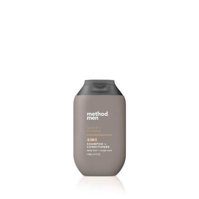 Method Men 2-in-1 Shampoo Plus Conditioner, Cedar and Cypress, Daily hair and Scalp Care, Paraben and Phthalate Free, Mini Travel Size 3.4 oz (Pack of 1)
