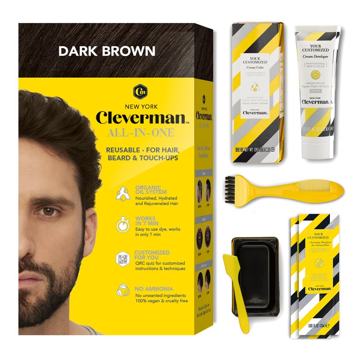 Cleverman Dark Brown Hair &amp; Beard Dye Kit for Men - Natural-Looking Gray Coverage, Professional-Quality, Ammonia-Free for Hair, Beard &amp; Mustache