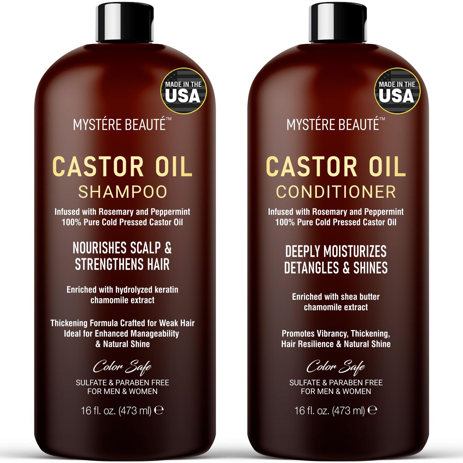 Castor Oil Shampoo and Conditioner - Sulfate Free with Peppermint Oil, Lavender and Rosemary - Castor Oil Shampoo for Hair Growth - Hydrating and Nourishing Castor Oil Shampoo - 16 oz each