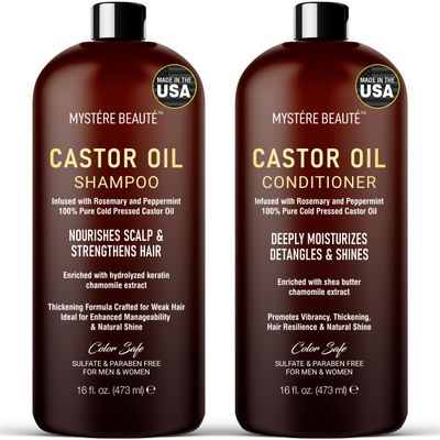 Castor Oil Shampoo and Conditioner - Sulfate Free with Peppermint Oil, Lavender and Rosemary - Castor Oil Shampoo for Hair Growth - Hydrating and Nourishing Castor Oil Shampoo - 16 oz each