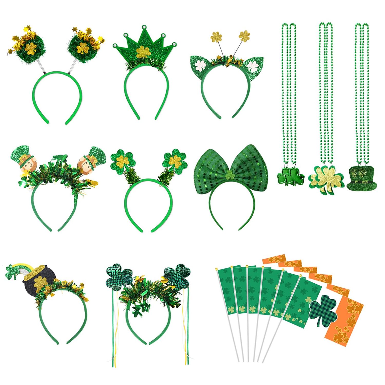 Ninewheat 26Pcs St Patricks Day Headband,Necklaces and Irish Flags, St Patricks Day Accessories Shinning Shamrock,Leprechaun, Bow Tie,Pot of Gold, Crown, Cat, headbands for Men Women more