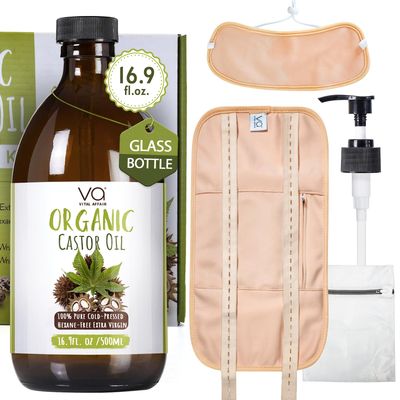 Pure Castor Oil Organic Cold Pressed Unrefined Glass Bottle-Castor Oil Wrap with 100% Cotton Flannel-Organic Castor Oil Pack Wrap-Waist &amp; Neck Castor Oil Packs -Castor Oil Hexane Free.