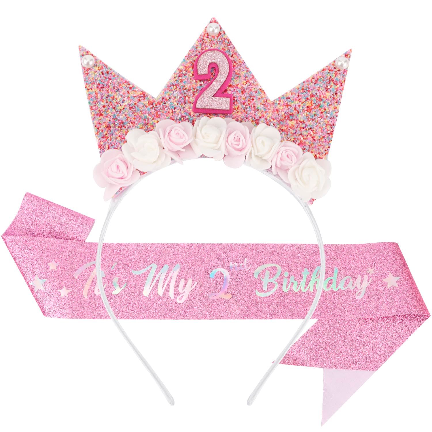 SuPoo 2nd Birthday Sash &amp; Birthday Girl Headband Crown Set 2nd Birthday Decorations for Girl Flower Princess Tiara Glitter Pearl Hair Band 2 Year Old Happy Birthday Party Gift Outfit