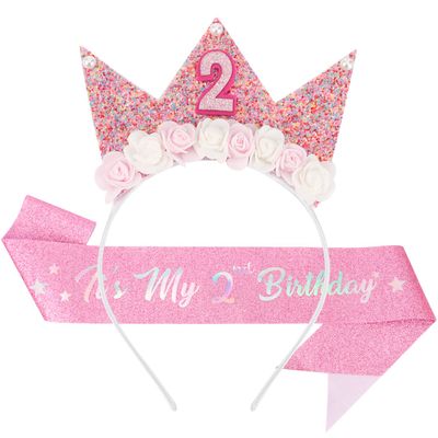 SuPoo 2nd Birthday Sash &amp; Birthday Girl Headband Crown Set 2nd Birthday Decorations for Girl Flower Princess Tiara Glitter Pearl Hair Band 2 Year Old Happy Birthday Party Gift Outfit