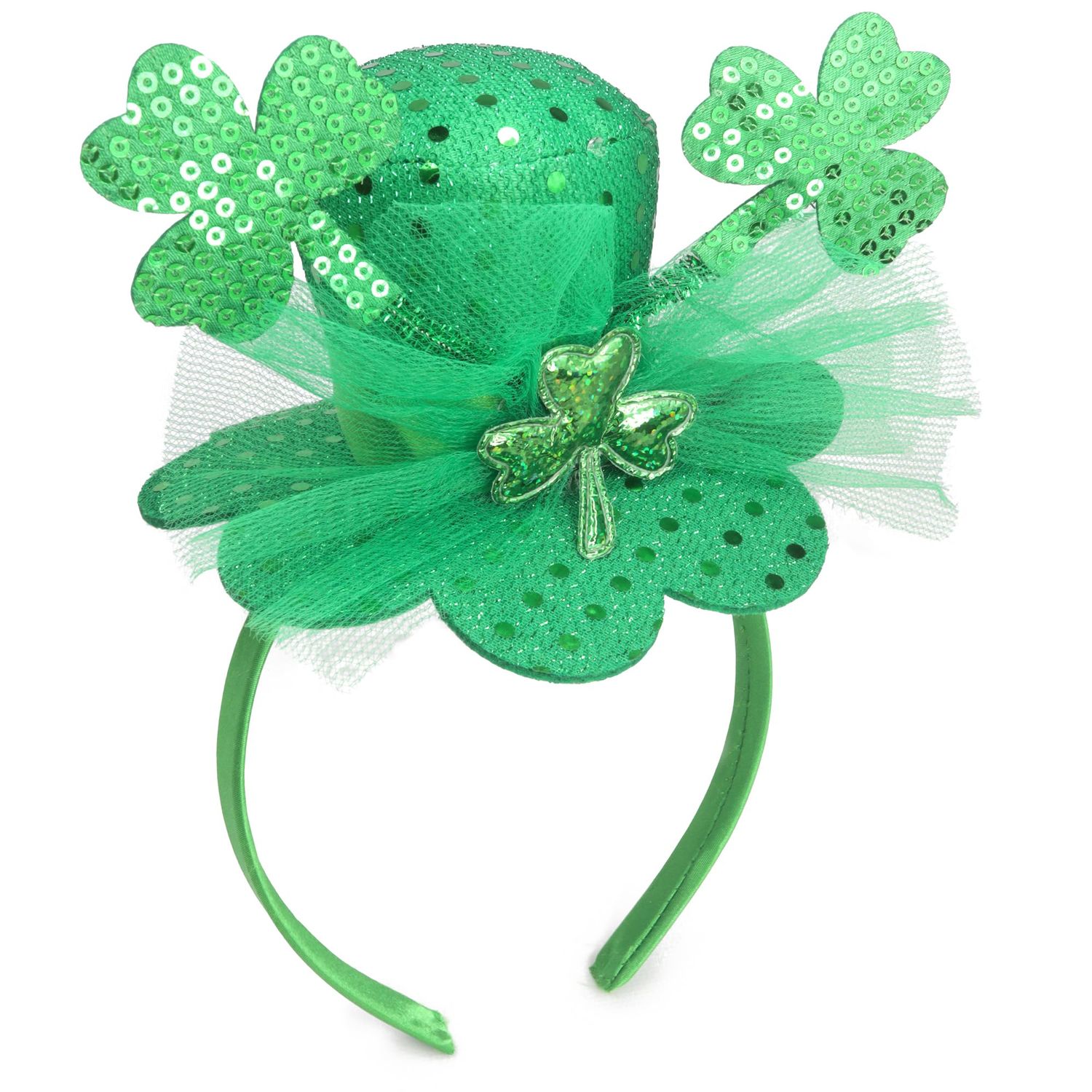 Needzo Little Top Hat St. Patrick&#39;s Sequin Headband, Green Hair Accessory With Clovers and Tulle for Holidays and Themed Parties, One Size Fits Most (Top Hat with Clovers and Tulle)