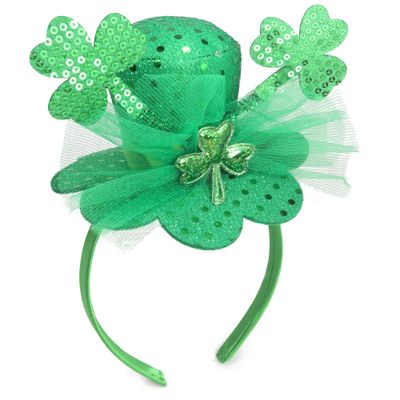 Needzo Little Top Hat St. Patrick&#39;s Sequin Headband, Green Hair Accessory With Clovers and Tulle for Holidays and Themed Parties, One Size Fits Most (Top Hat with Clovers and Tulle)