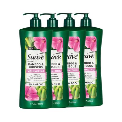 Suave Bamboo &amp; Hibiscus Volumizing Shampoo, for Fine and Flat Hair, Salon Proven System for Boosting Hair Volume and Body, 28 oz, 4 Pack