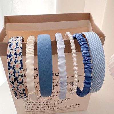 Agirlvct Headbands for Women Girls, 7 Pack Non Slip Flower Pearl Headbands, Twisted Hairband, Wide Head Bands for Student Cute Hair Accessories Birthday Wedding Gift (Blue)