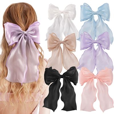 6PCS Hair Bows for Women, Bow Hair Clips, Soft Chiffon Hair Bows, Bright Colors Hair Ribbon, Cute Double Bows Long Tail for Girls, Metal Bow Clips, Hair Accessories Gifts