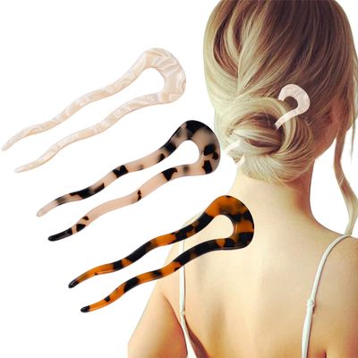 FRDTLUTHW 4.6Inch U Shaped Acetate French Hair Pin Tortoise Shell 2 Prong Bun Hair Sticks for Women Thick Long Hair(pack of 3)