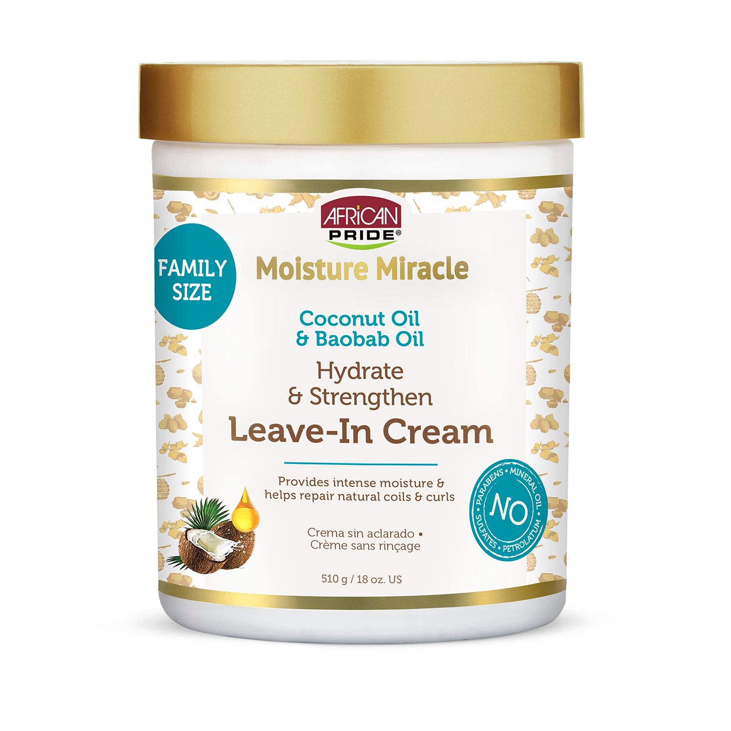 African Pride Moisture Miracle Coconut Oil &amp; Baobab Oil Leave-In Hair Cream - Provides Intense Moisture &amp; Helps Repair Natural Coils &amp; Curls, Hydrates &amp; Strengthens, 18 oz