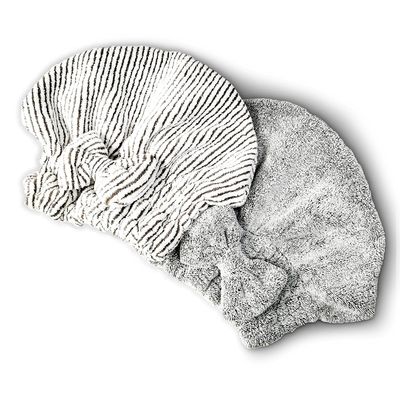 SportMore Microfiber Hair Towel Wrap, Soft Absorbent &amp; Quick Drying Cap Set for Curly Thick Hair, Women &amp; Girls - 2 Pcs (Stripe &amp; Gray)